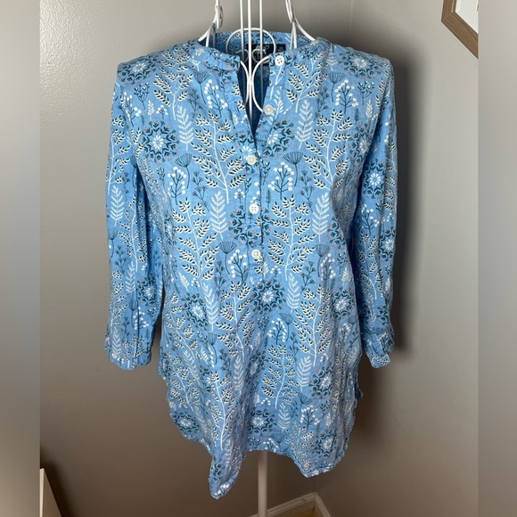 Madison Mathews Women's XS Blue Cotton 1/4 Button Top Floral 3/4 Sleeve Boho - Picture 1 of 4
